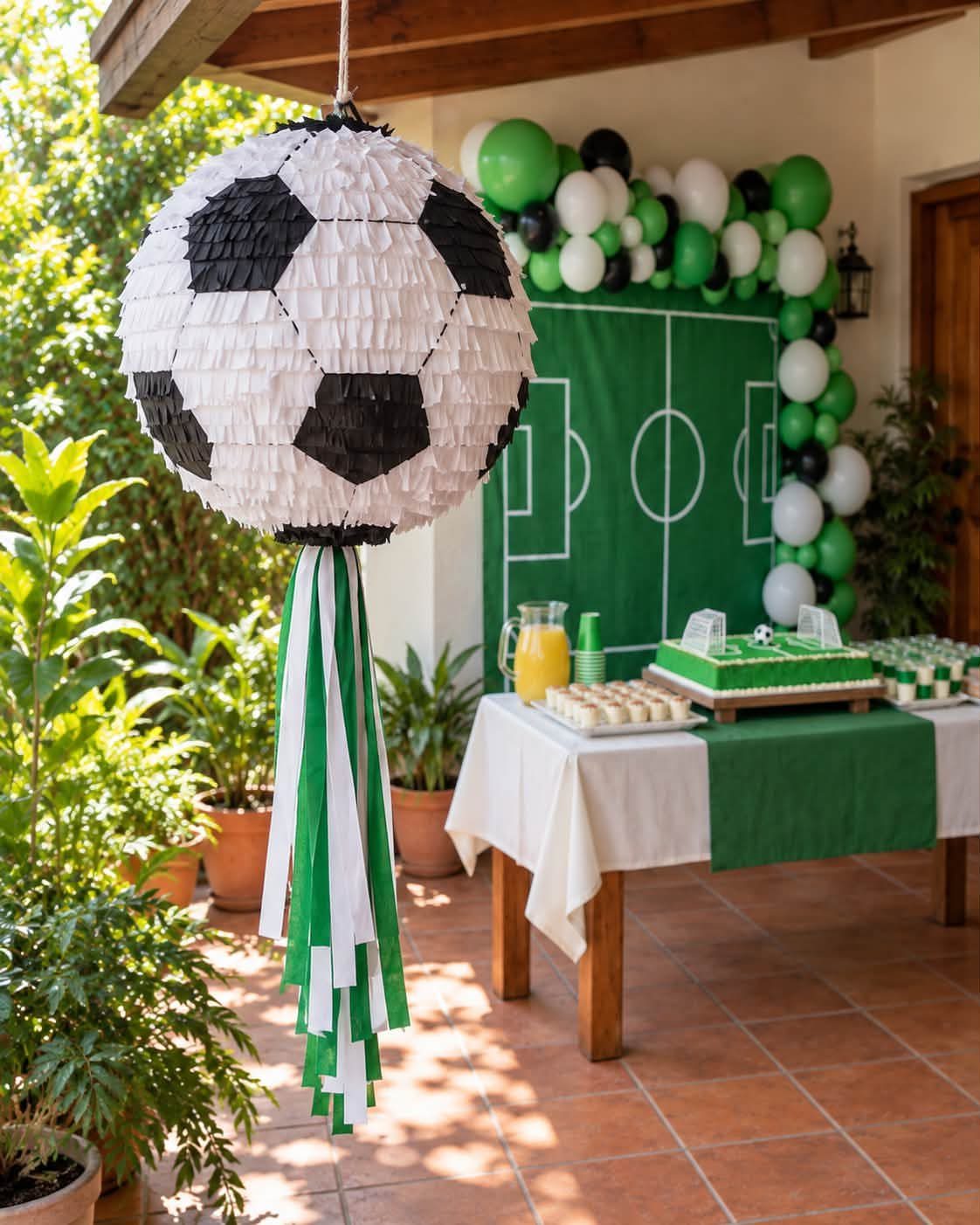 Soccer ball piñata hanging in front of a football themed party setup