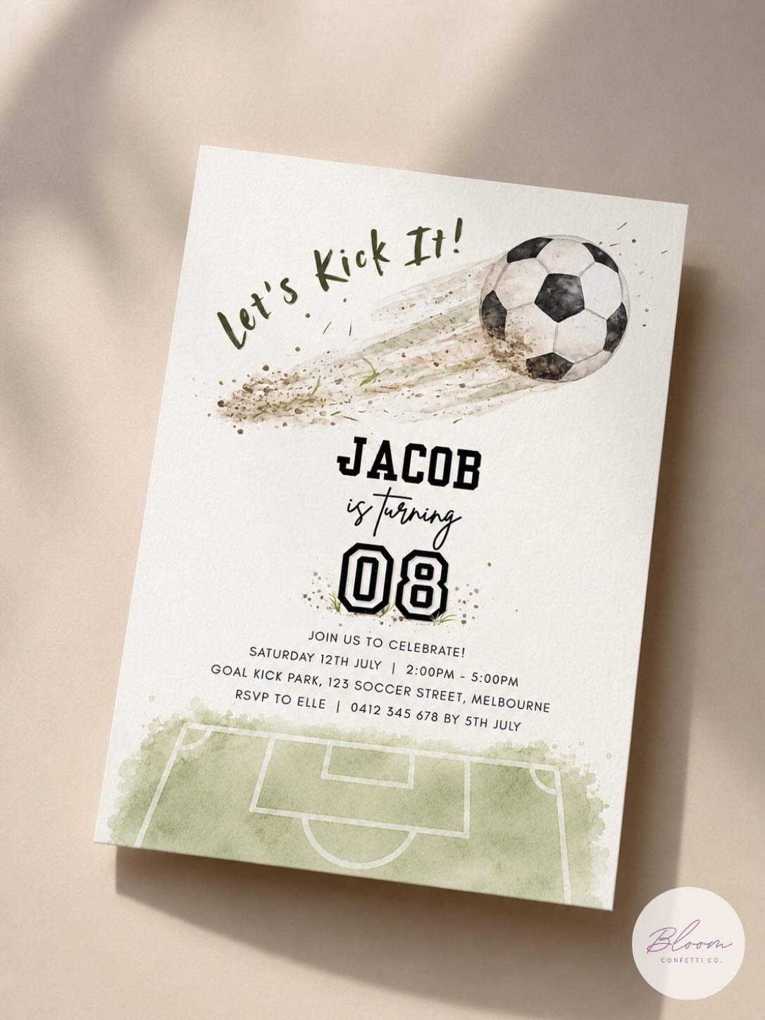 Football themed birthday invitation for Jacob turning eight with a soccer ball graphic.