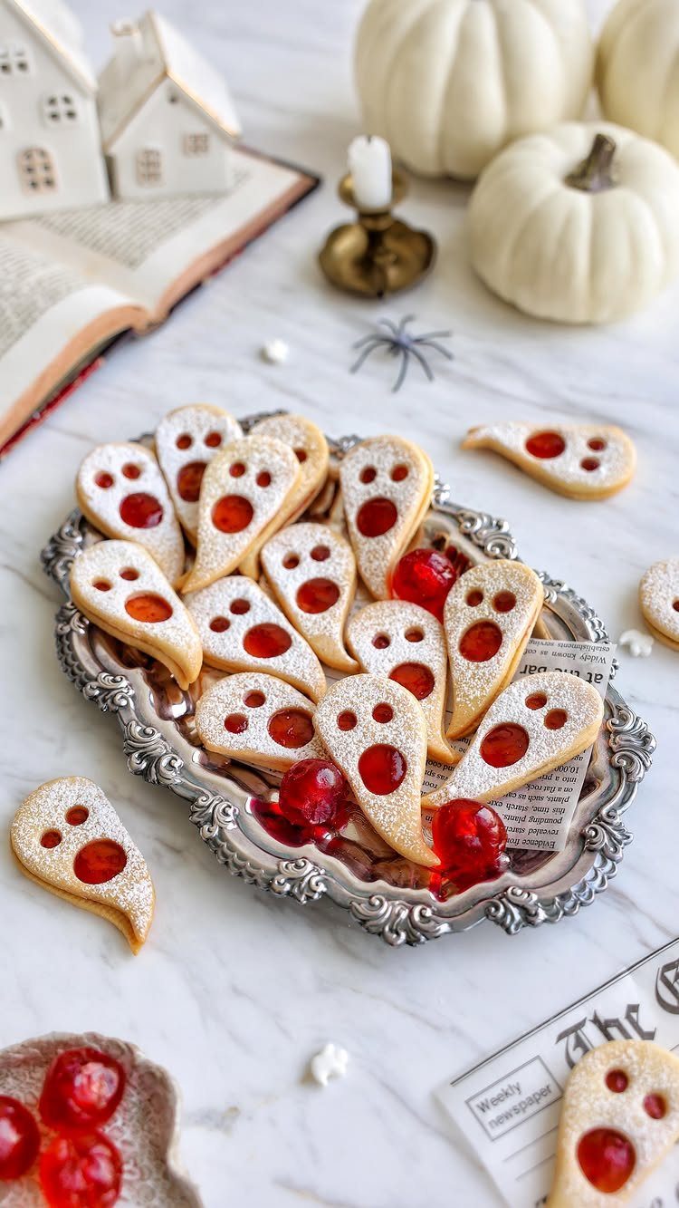 Ghost-shaped cookies with white icing and red candy mouths on a silver platter.