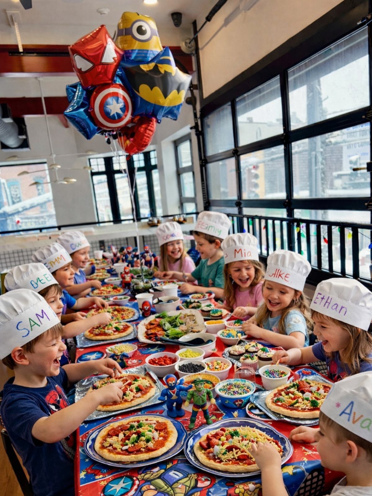 Children in chef hats making mini pizzas at a decorated party table.