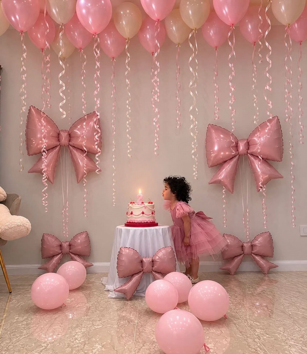 Young child in pink tutu next to a birthday cake and pink balloons