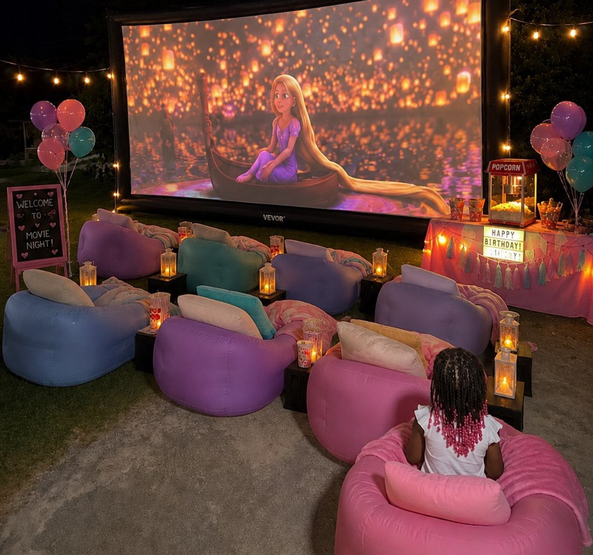 Outdoor movie screening setup with colorful bean bags and a large projector screen.