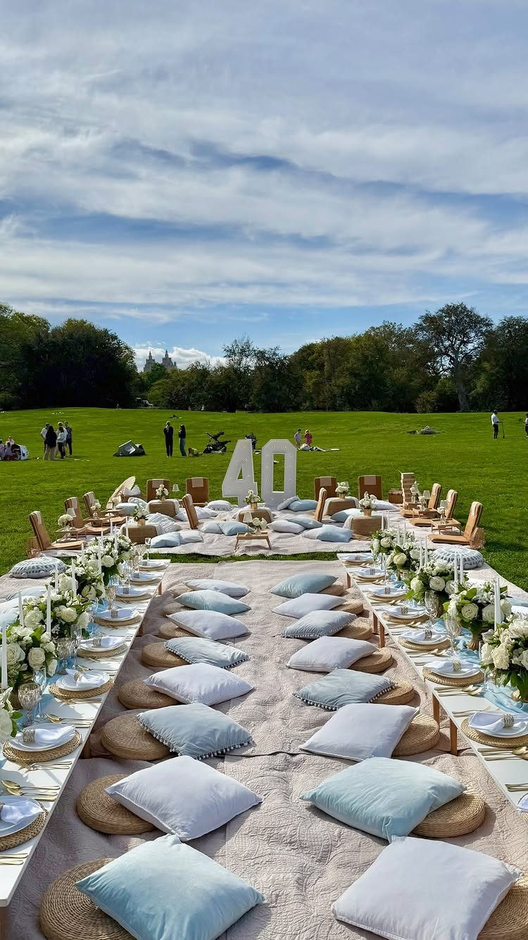 Low picnic table with blue cushions and white flowers on a green lawn