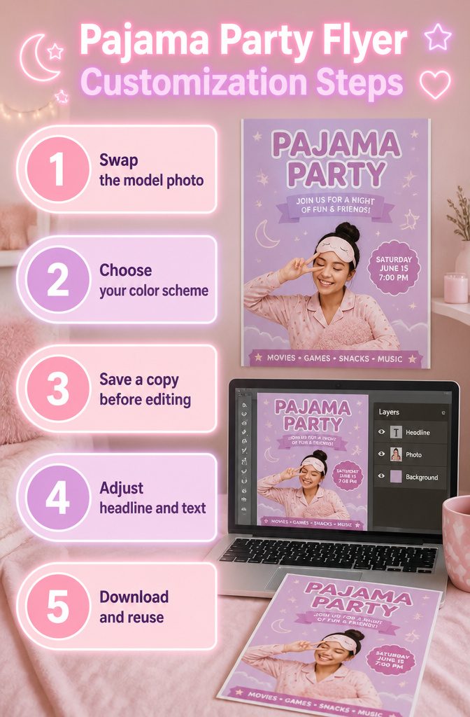 A guide showing steps to customize pajama party flyers.