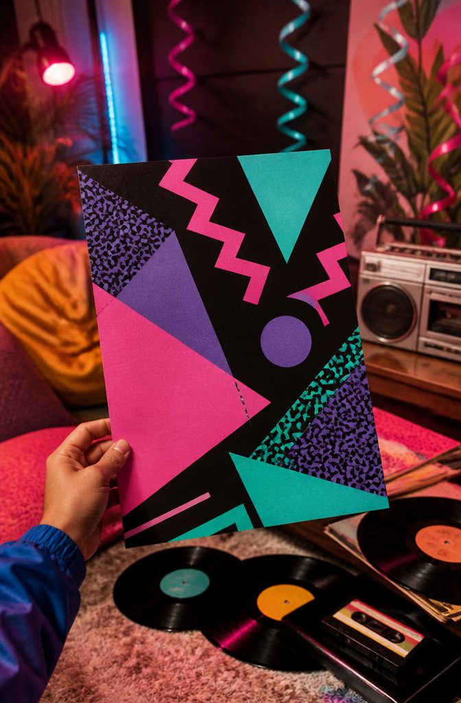A retro geometric flyer with triangles and zigzags in bright colors.