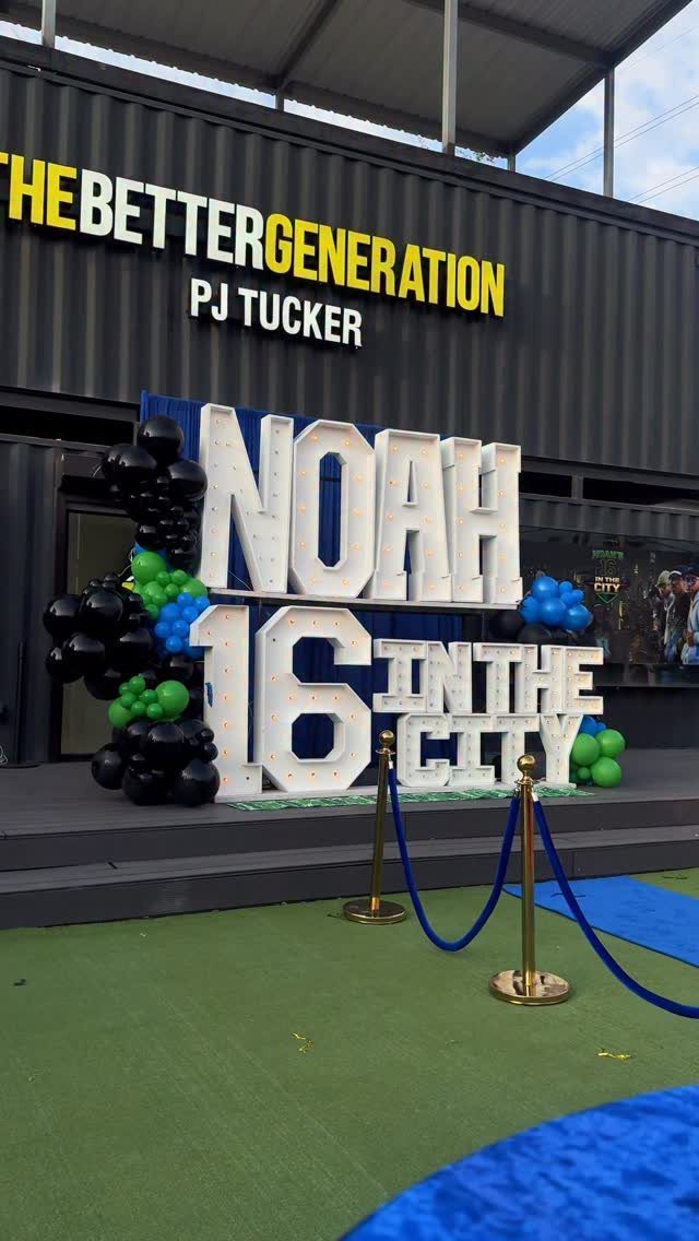 Large white 3D letters for Noah's 16th birthday party with balloons and rope barriers.