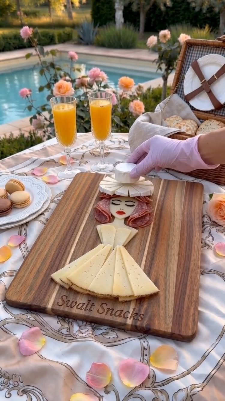 Charcuterie board shaped like a woman made of cheese and salami on a tablecloth.