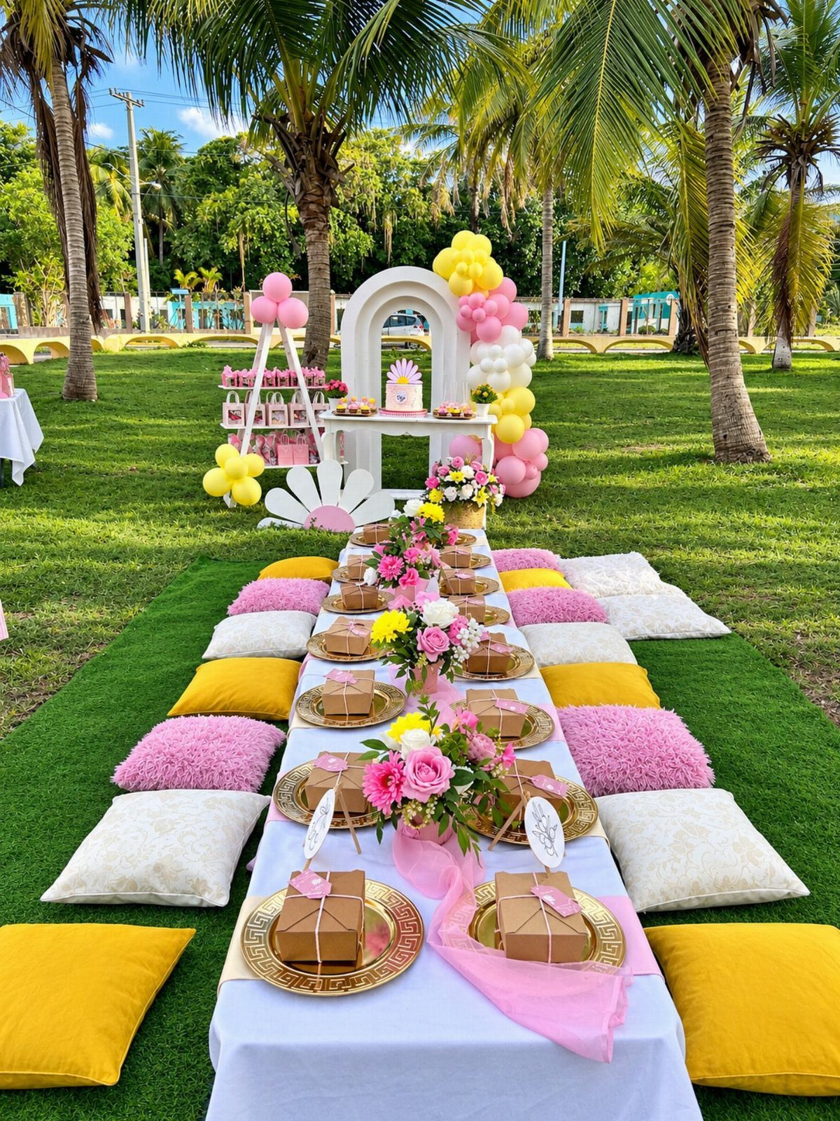Low picnic table with pink and yellow decor, pillows, and balloons under palm trees.
