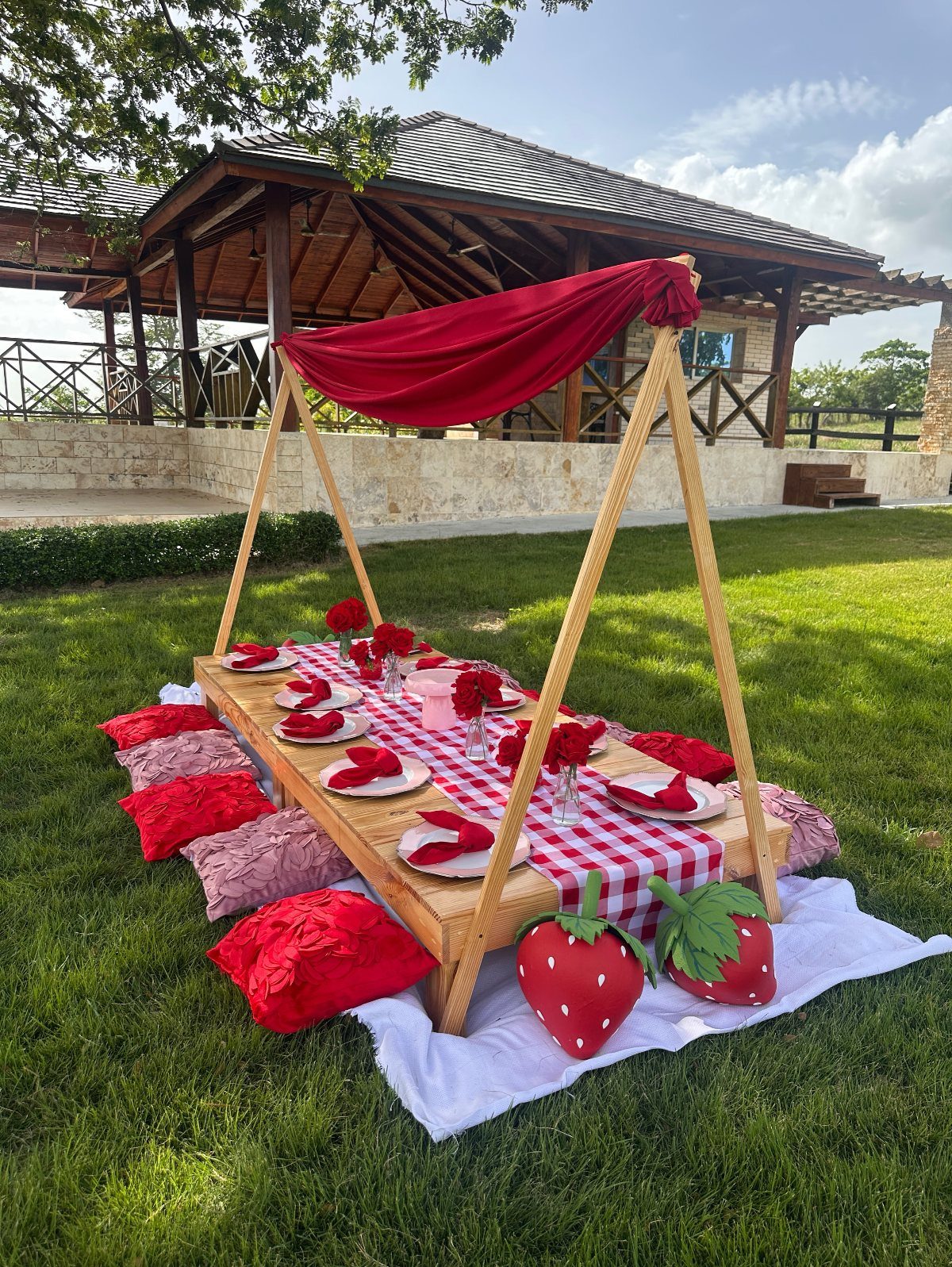Strawberry-themed picnic setup with red checkered runner, strawberry pillows, and red canopy outdoors.