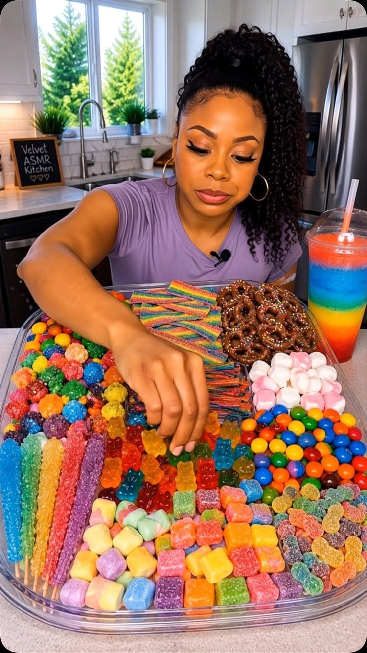 Woman arranging a large tray of colorful rainbow candies in a bright kitchen.