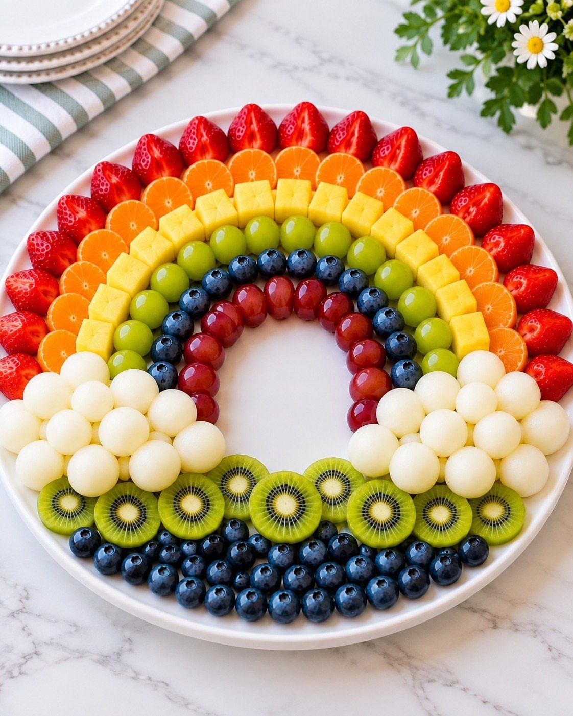 Rainbow fruit arc platter with blueberries, kiwi, melon, grapes, pineapple, oranges, and strawberries.