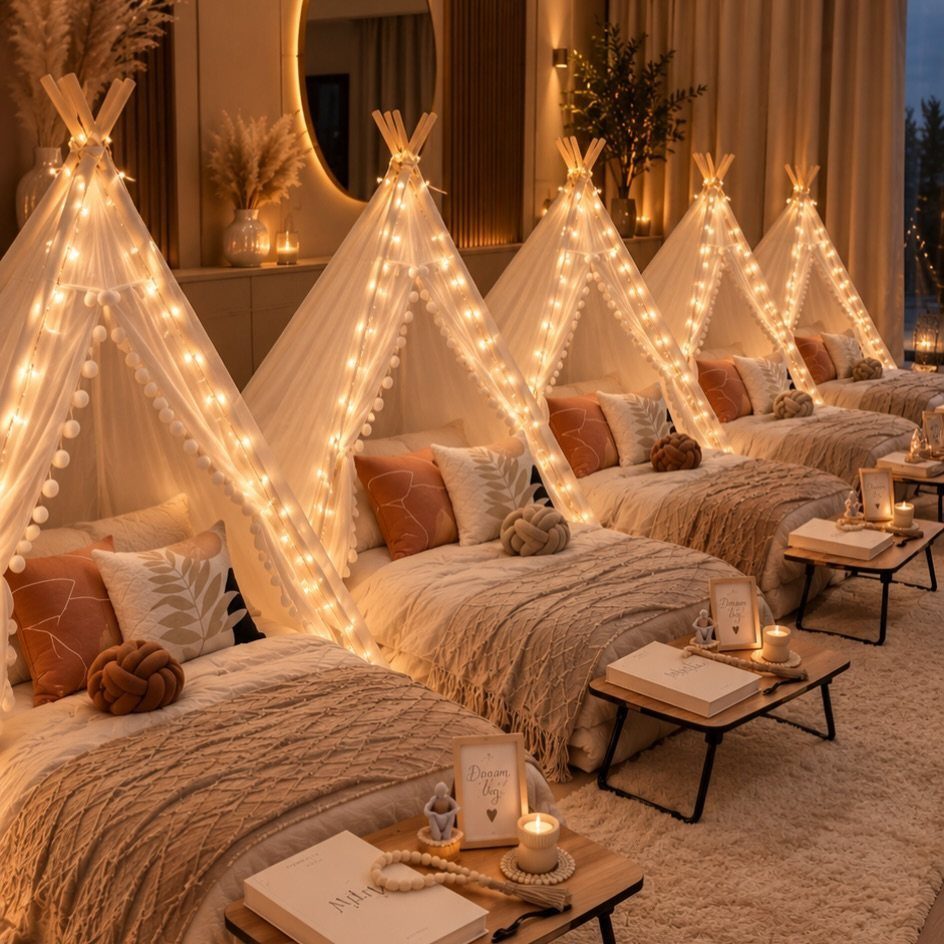 Five white teepee tents with string lights and cozy bedding in a room.