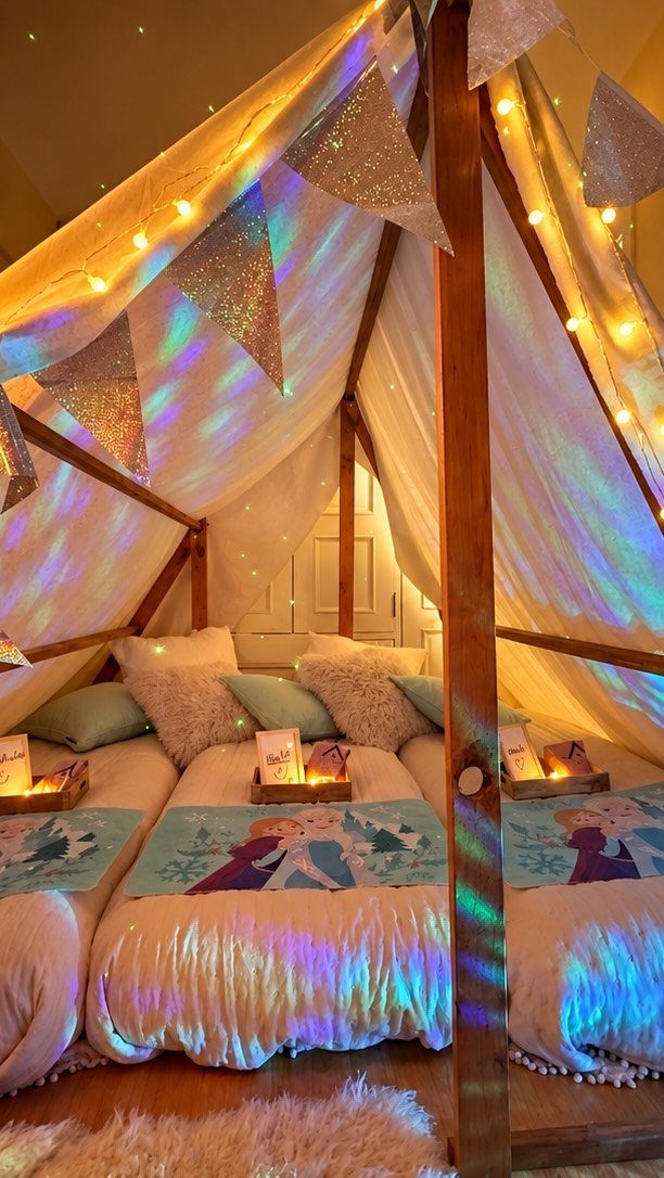Frozen themed sleepover setup with teepee tent, fairy lights, and character blankets.