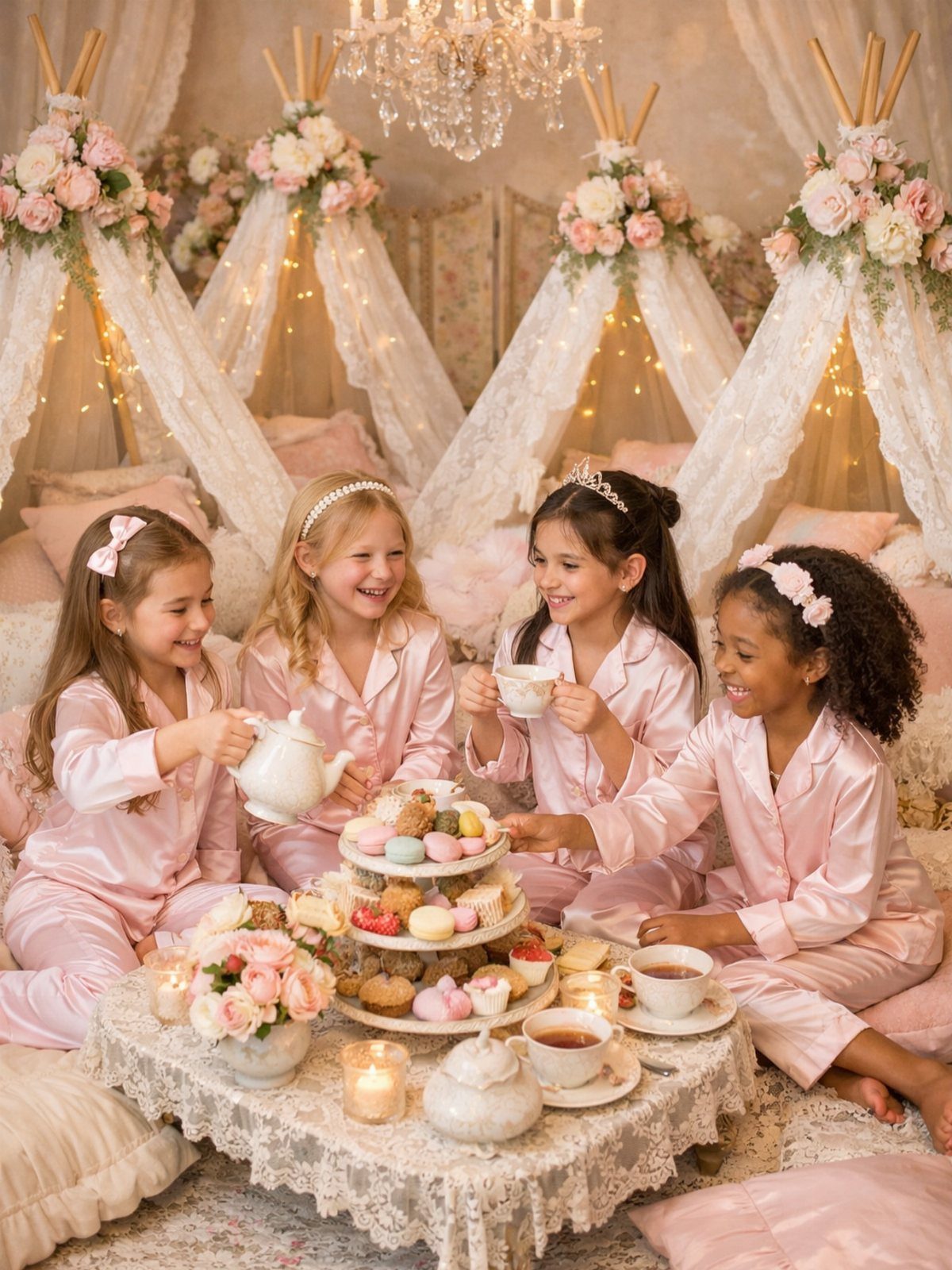 Four girls in pink pajamas having a tea party with lace teepees behind them.