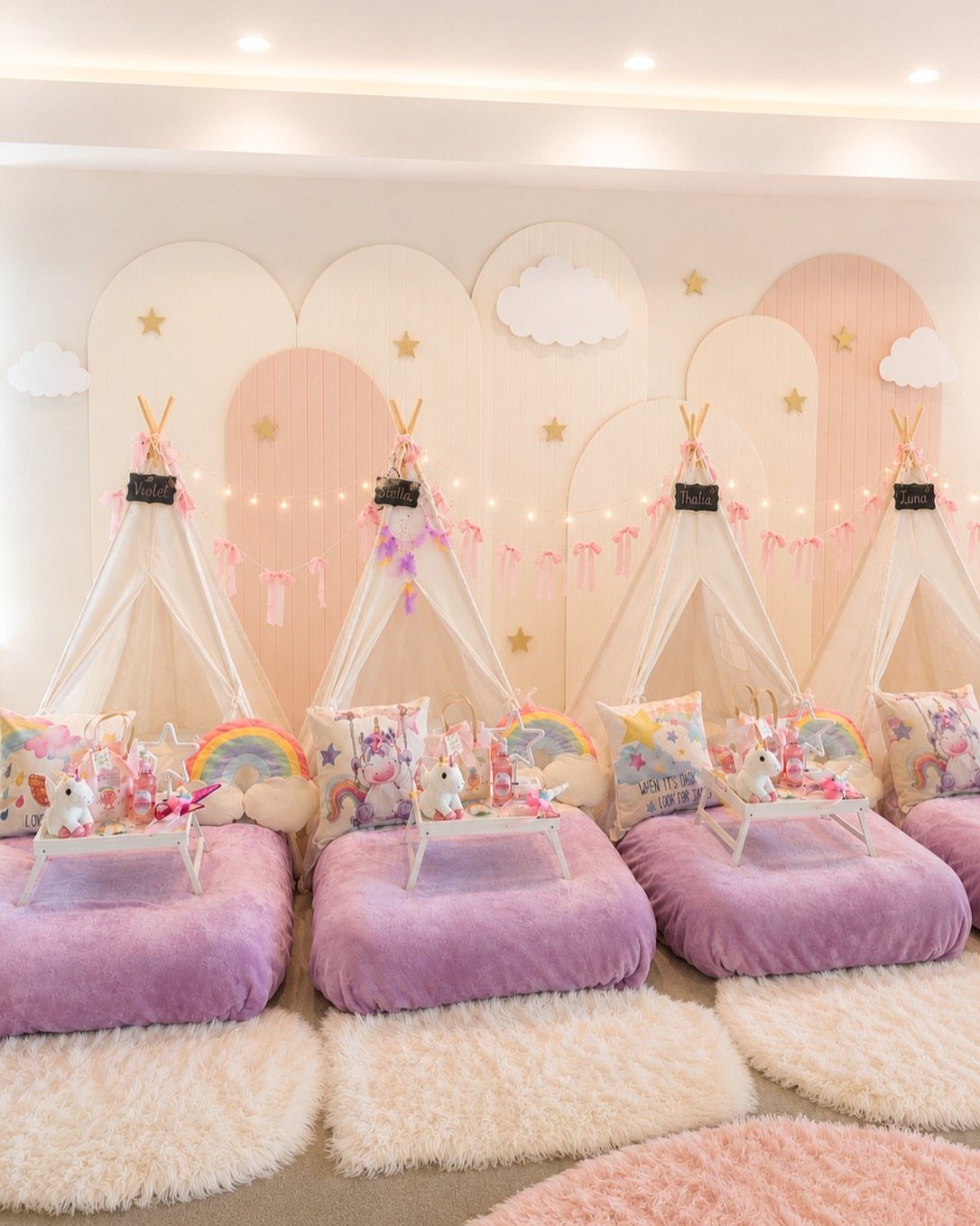 Four white teepee tents with purple mattresses and rainbow pillows in a pastel room.