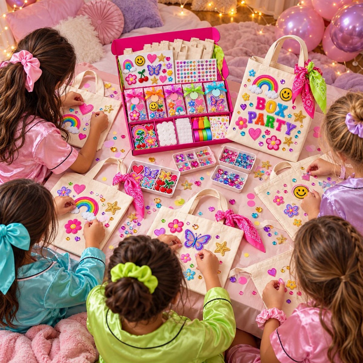 Girls in pajamas decorating canvas tote bags with colorful stickers and gems.