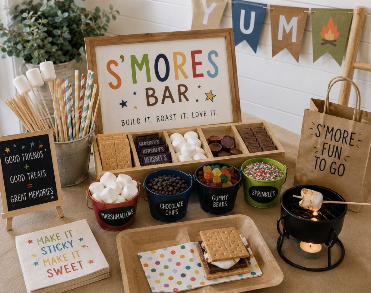 S'mores bar setup with ingredients, a roasting pot, and a colorful sign.