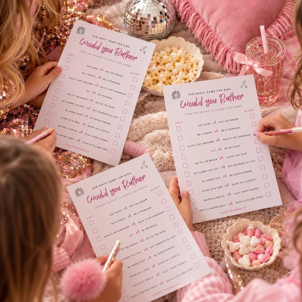 Children playing a Would You Rather game with snacks on a pink rug.