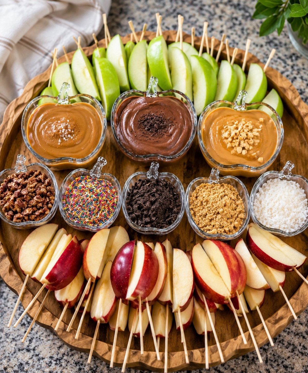 Apple slices on skewers surrounding pumpkin-shaped bowls of dips and toppings on wood.