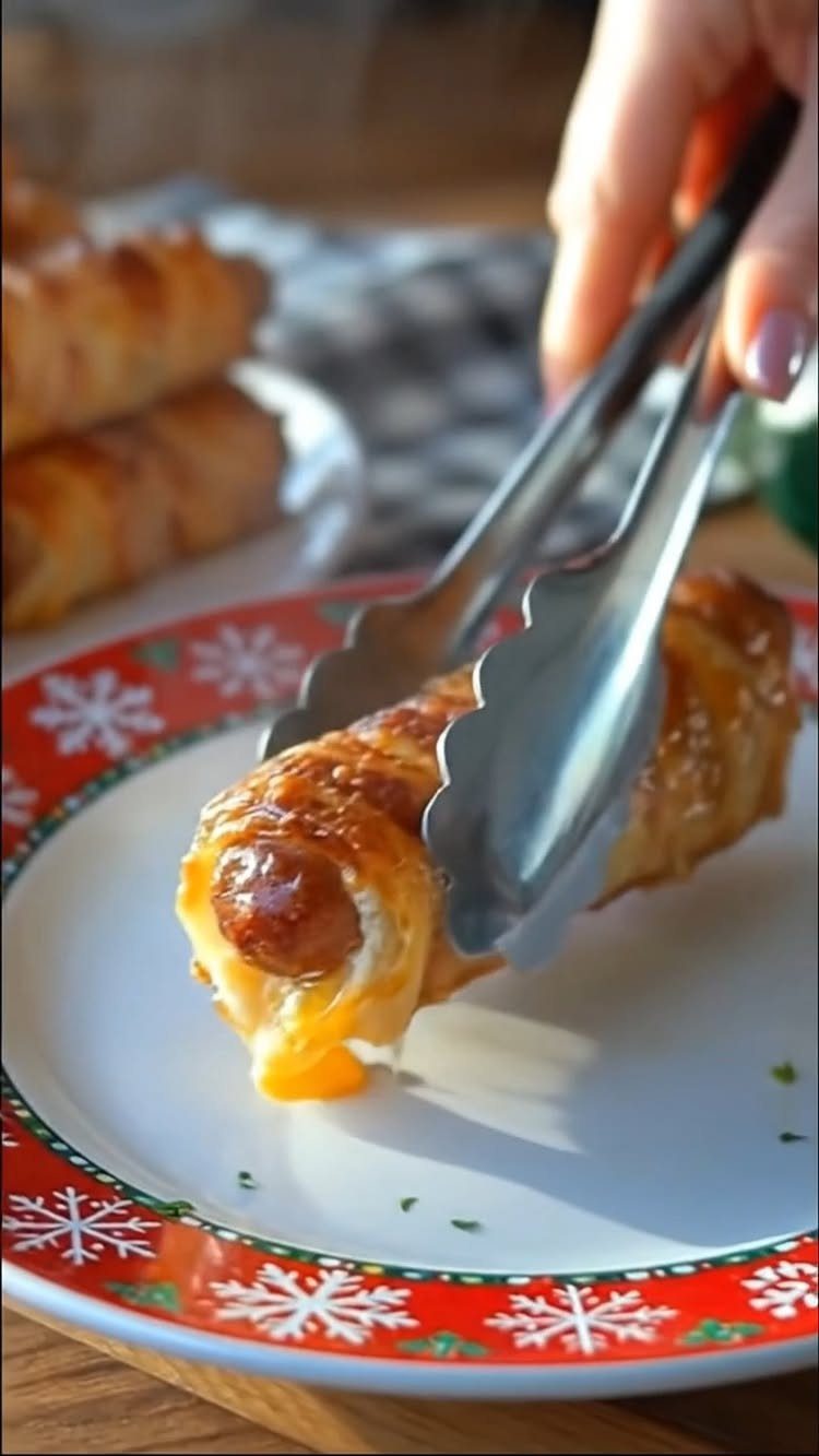 Pig in a blanket with melted cheese held by metal tongs on a plate.