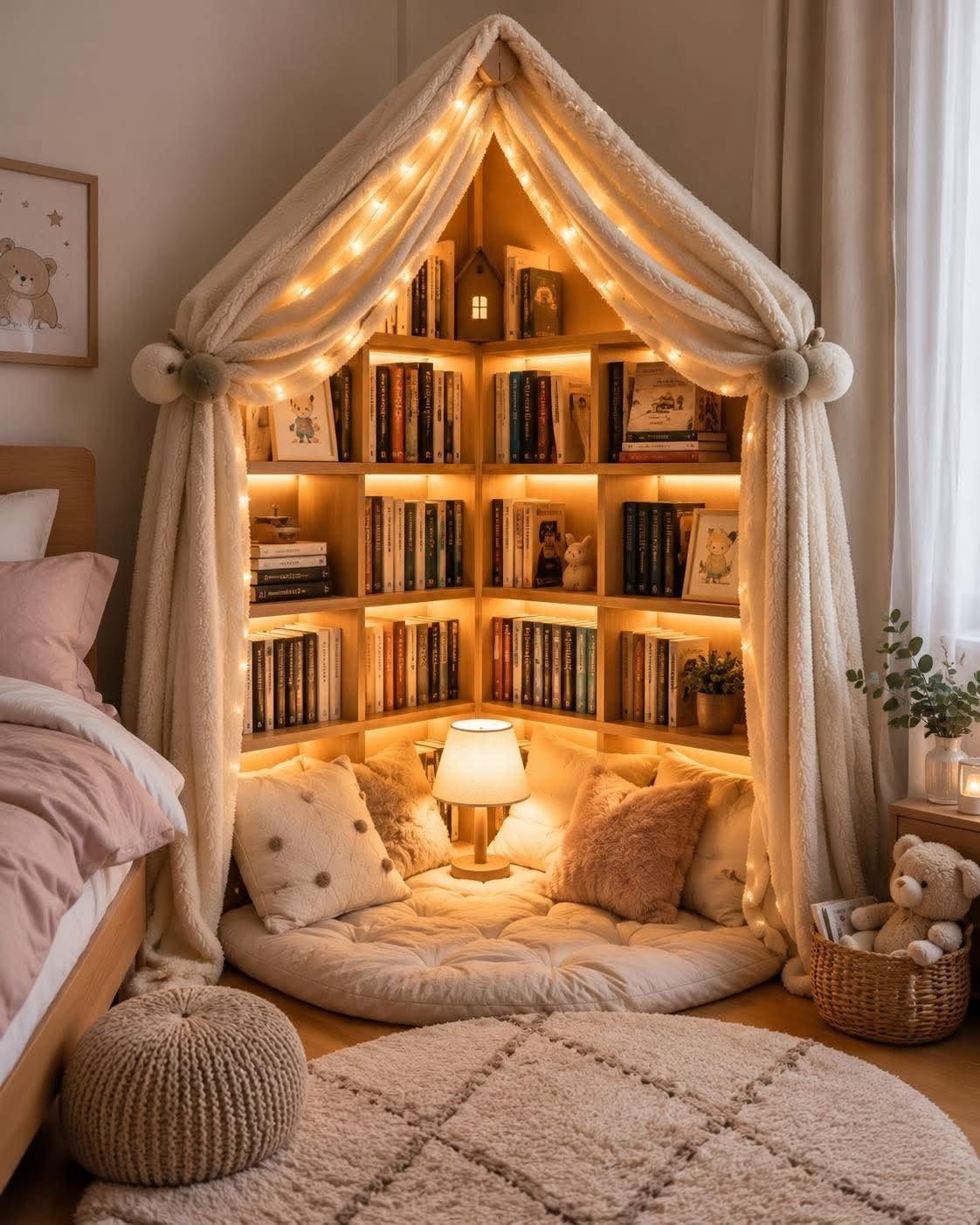 Cozy reading nook fort with bookshelves, cream fabric drapes, and warm string lights.