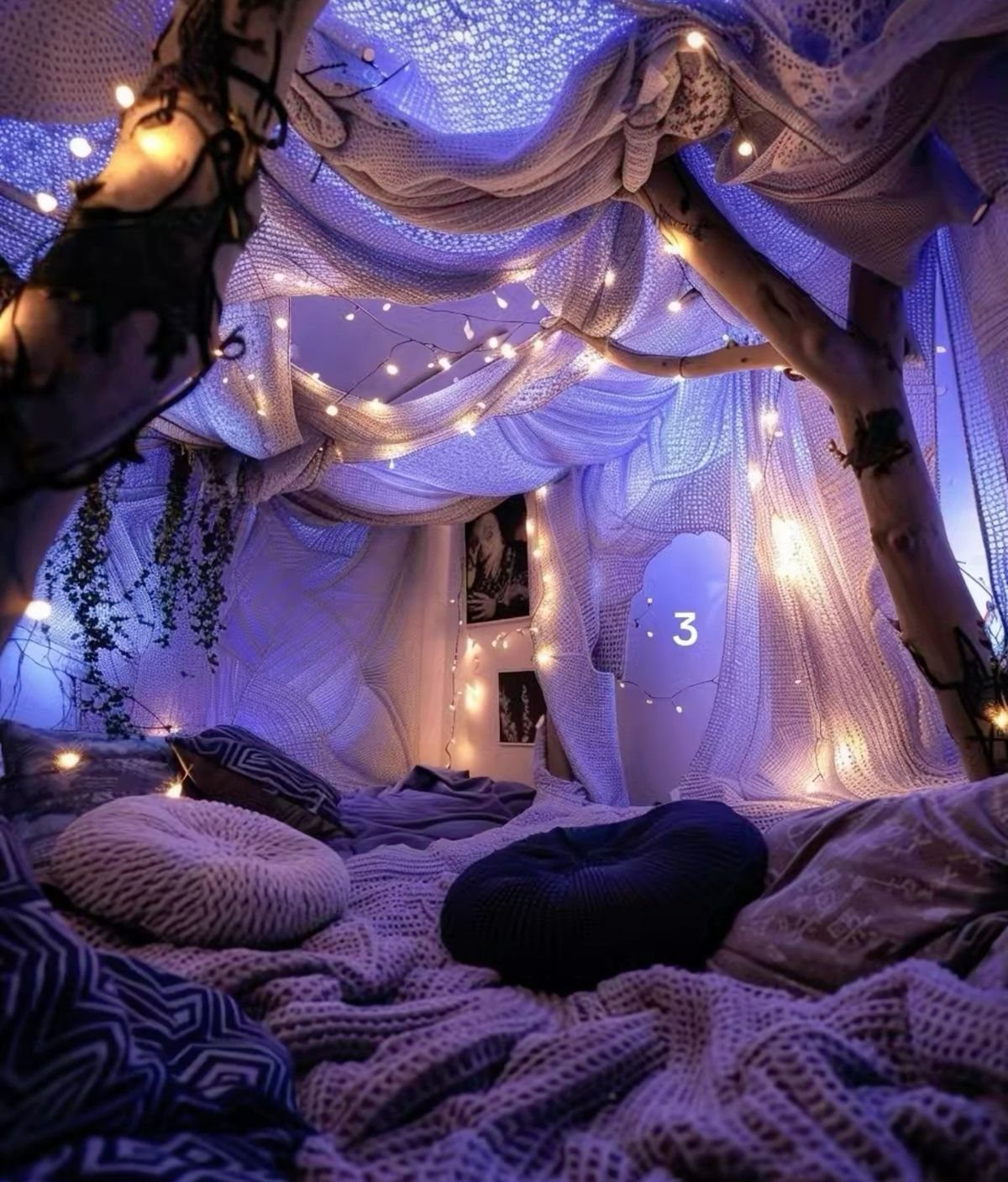Cozy fabric fort with warm string lights, plush pillows, and purple ambient lighting.