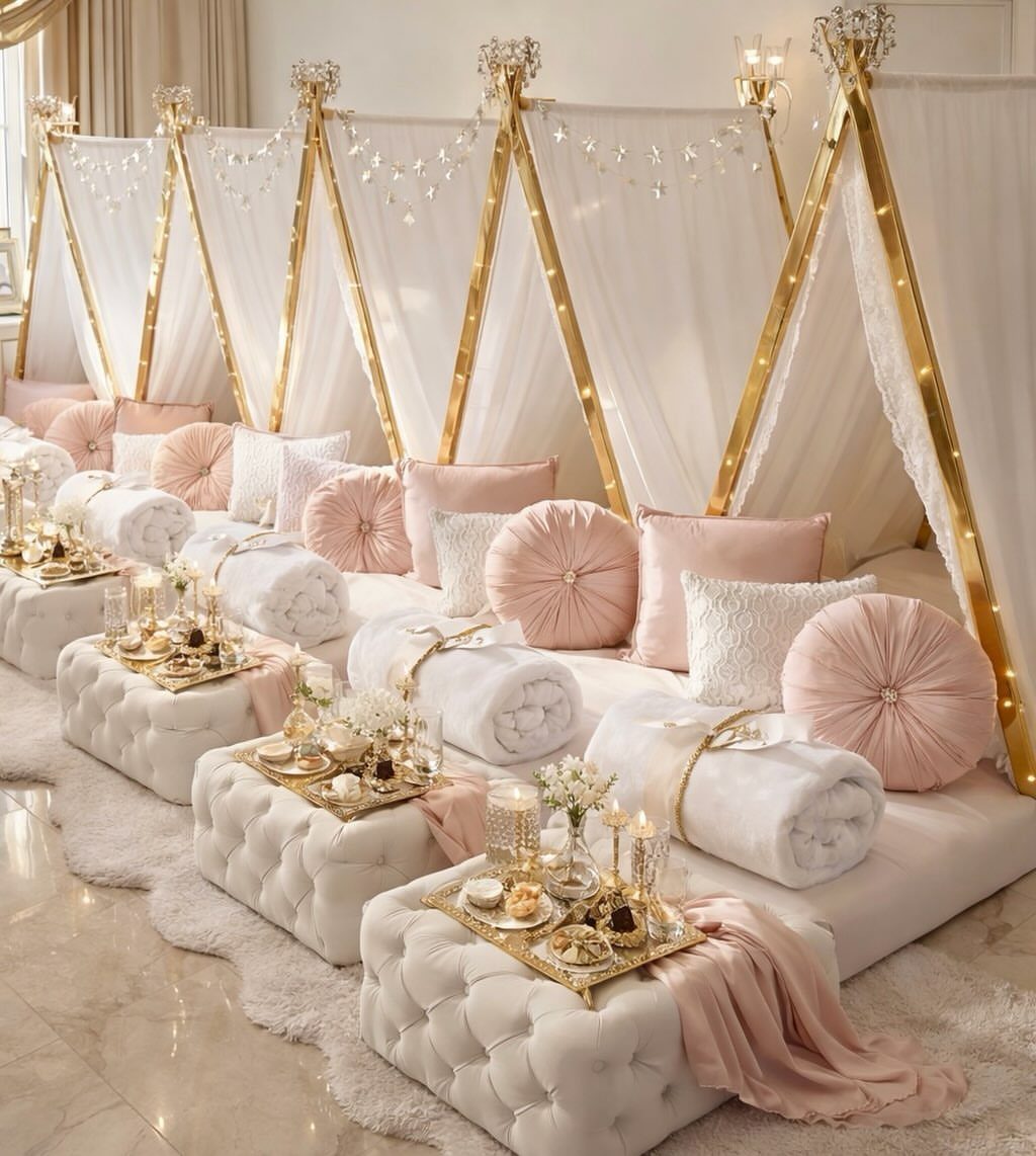 Luxurious indoor slumber party setup with gold teepees, pink pillows, and white ottomans.