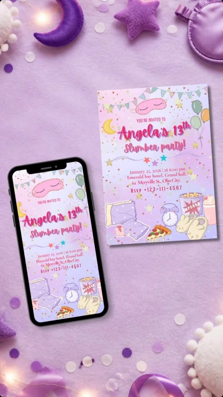 Slumber party invitation card and smartphone screen on purple fuzzy fabric with decorations