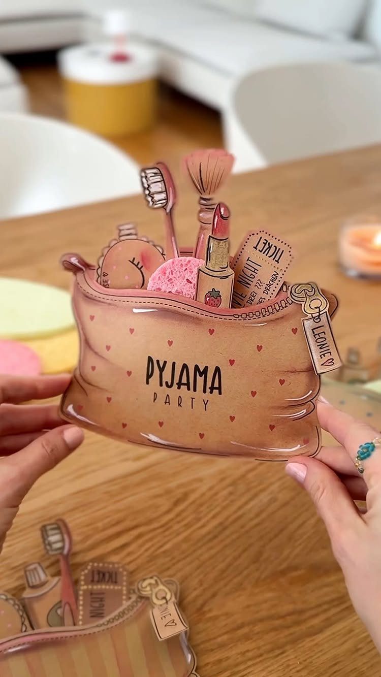 Pyjama party invitation shaped like a brown makeup bag with beauty accessory illustrations.