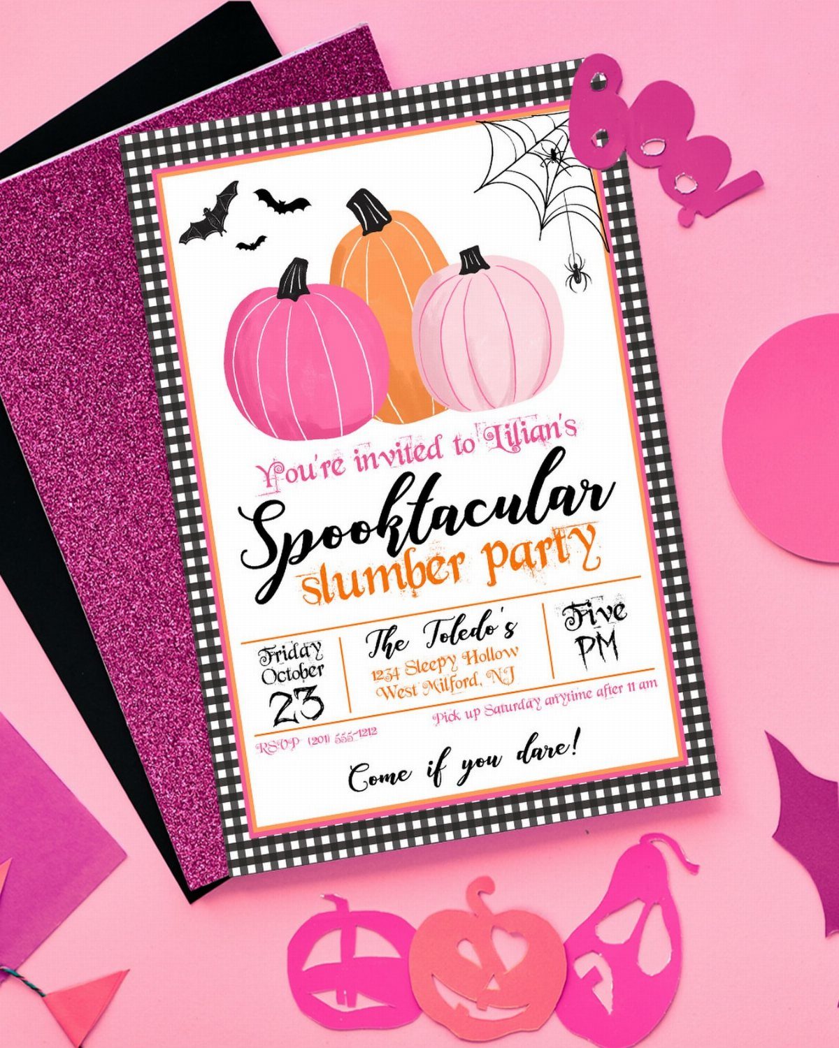 Halloween slumber party invitation with pink pumpkins on a pink background.