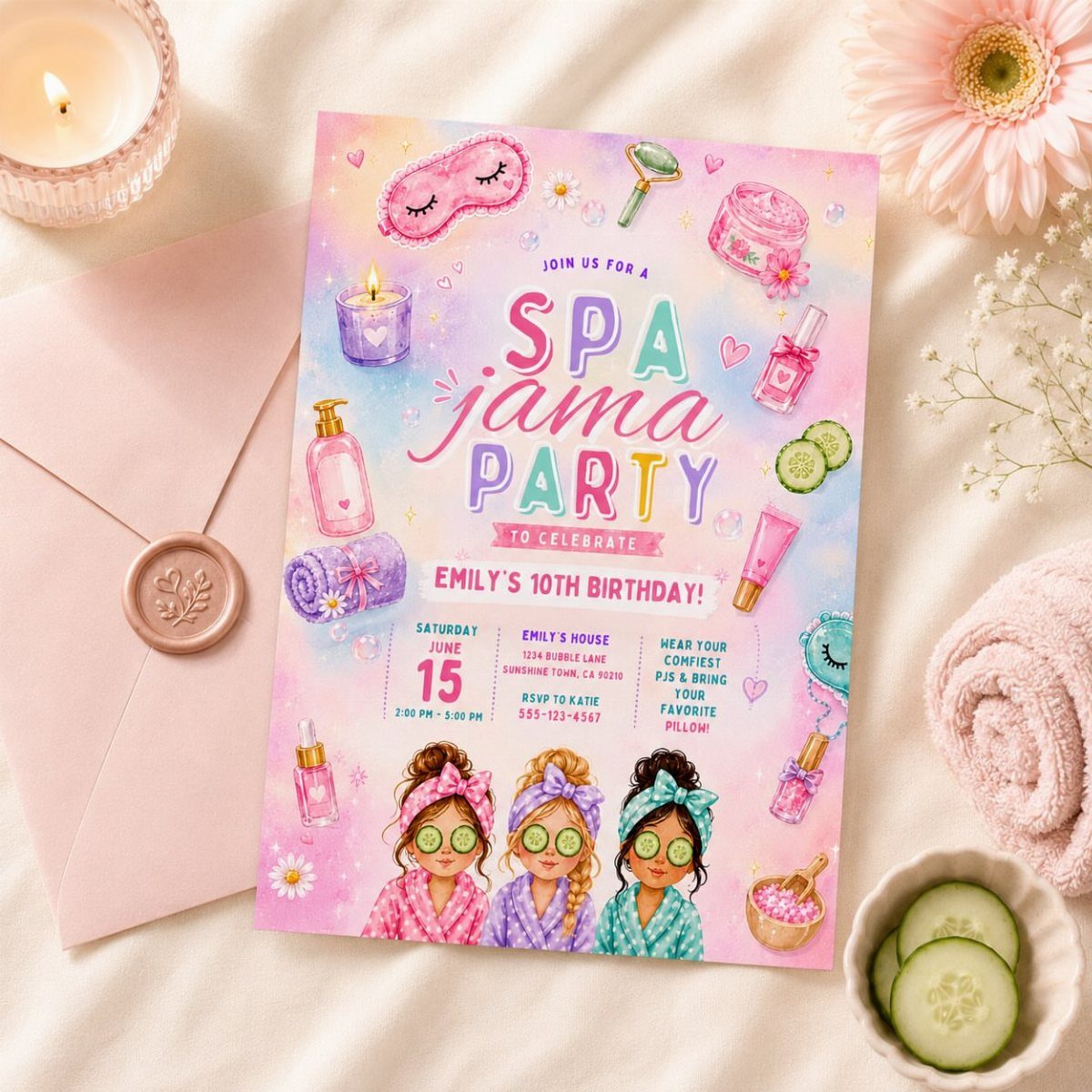 Spa pajama party invitation card with illustrations of girls and beauty products
