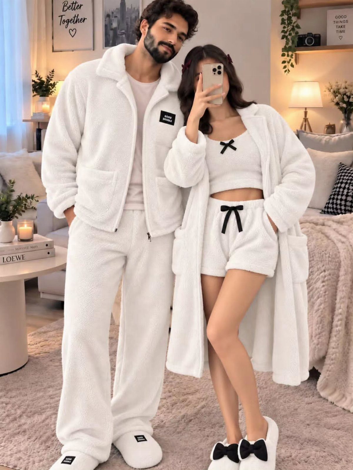 Man and woman wearing matching white fuzzy loungewear posing in a cozy bedroom.