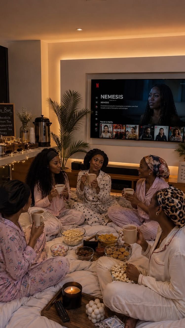 Women in pajamas sitting on the floor watching a movie with snacks.