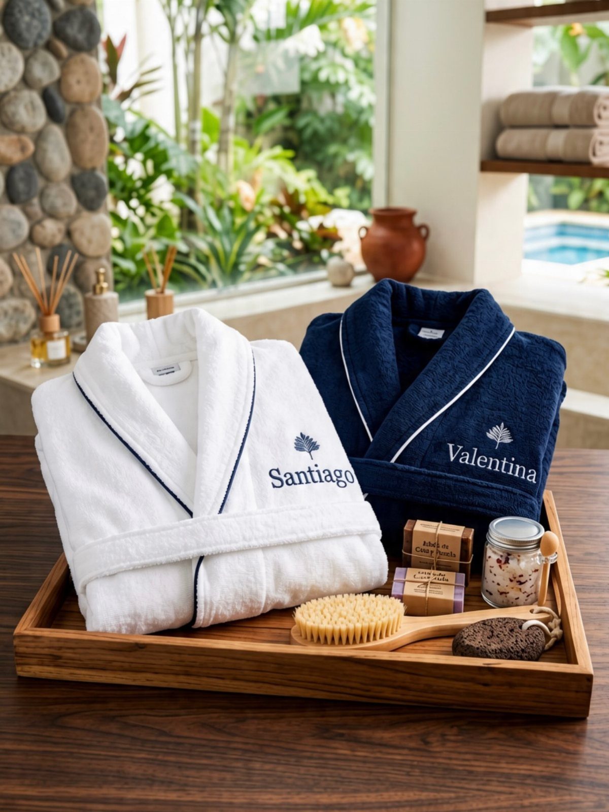 Two personalized plush bathrobes, one white and one navy, on a wooden tray.