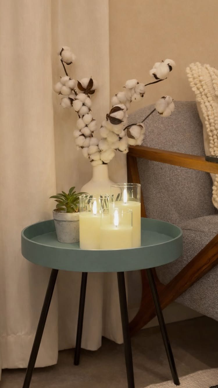 Three glowing pillar candles in a glass holder on a teal side table.