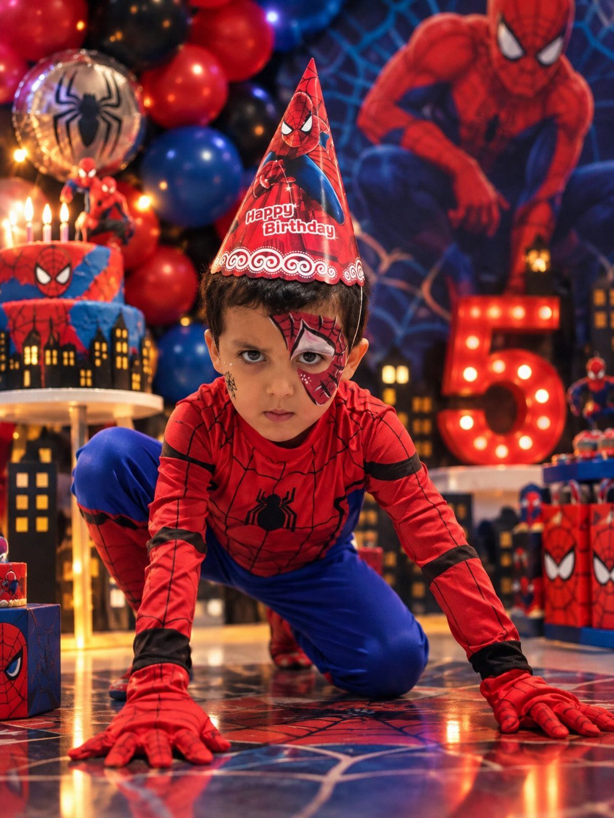 Boy in Spiderman costume and party hat posing at a themed birthday party