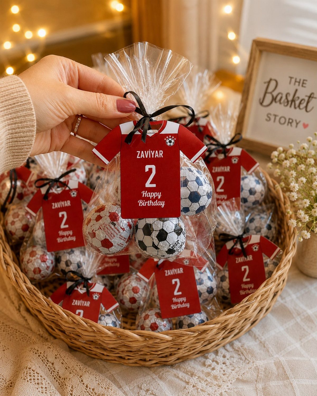 Soccer ball chocolates in treat bags with red jersey tags in a wicker basket
