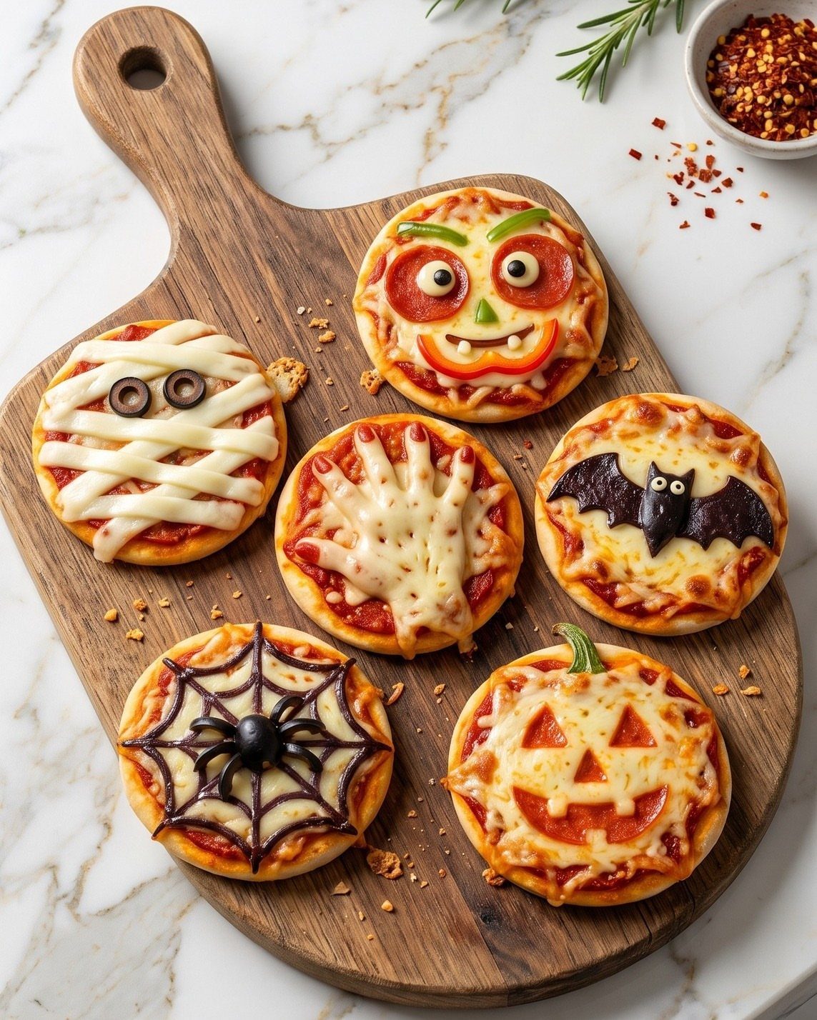 Halloween themed mini pizzas decorated as monsters on a wooden serving board.