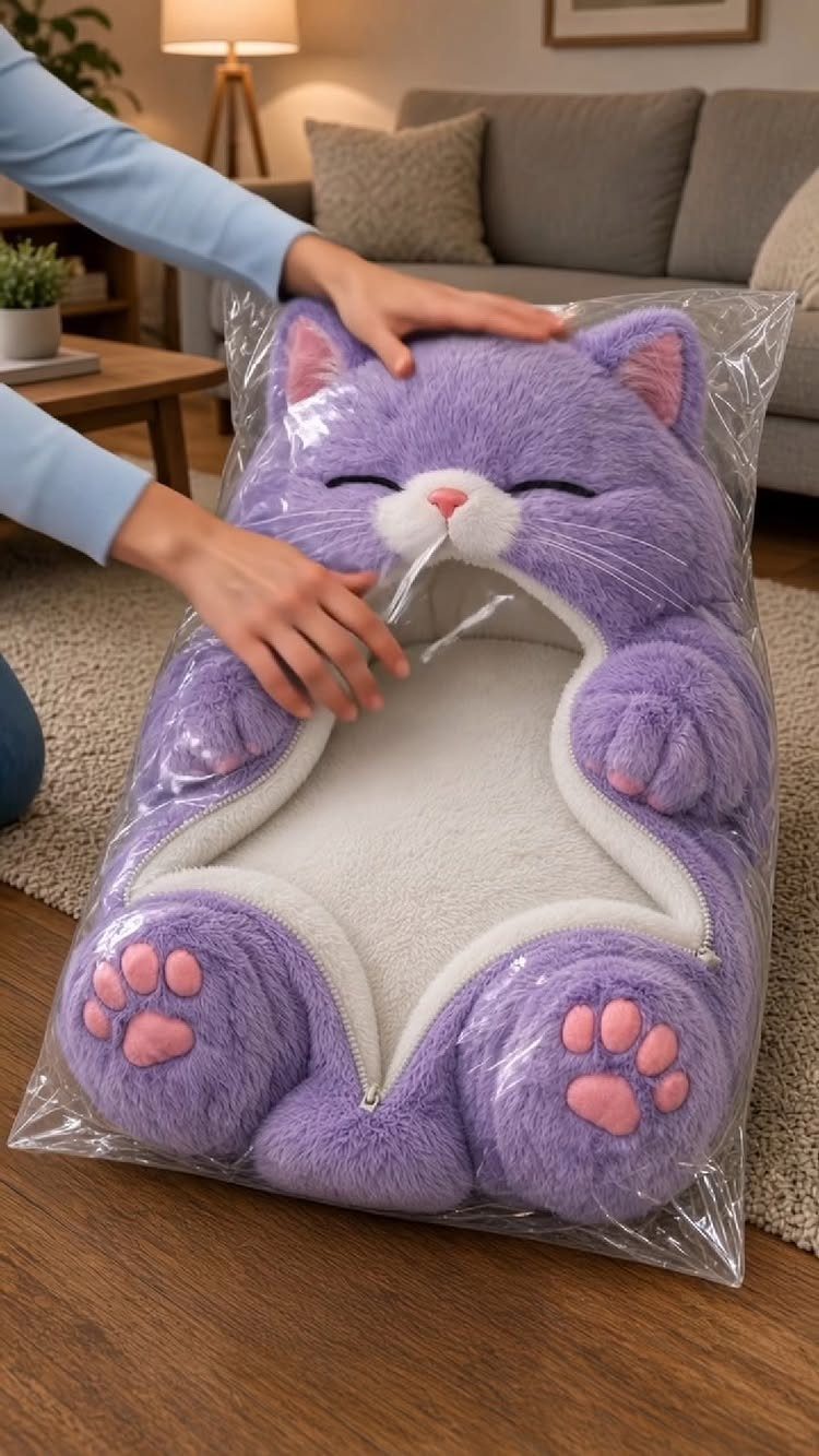 Purple plush cat sleeping bag in plastic packaging on a wooden floor.
