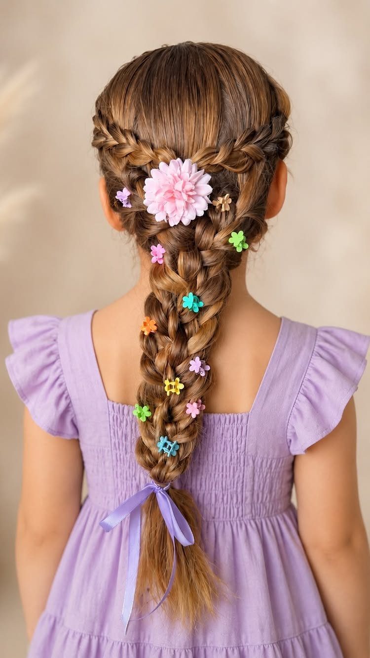 Girl's long brown hair in a braid decorated with colorful small flowers