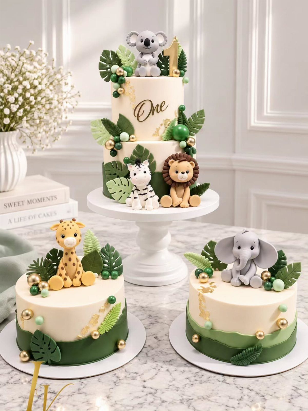 Three cream cakes decorated with jungle animals, tropical leaves, and gold accents.