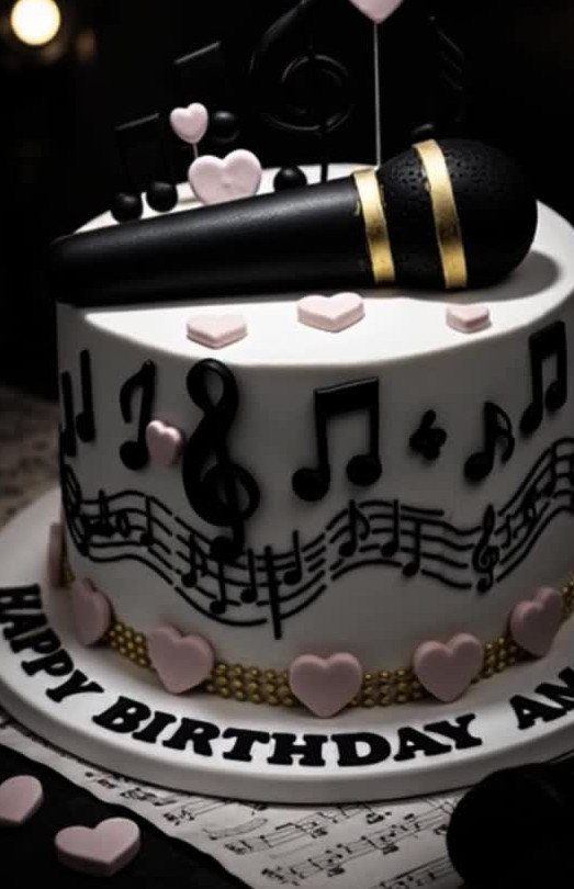 Music themed birthday cake with a microphone topper, musical notes, and pink hearts.