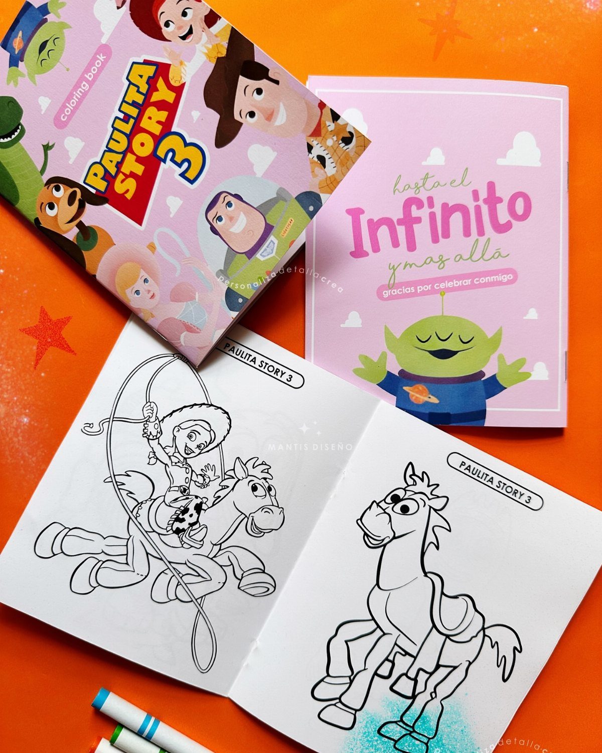 Personalized Toy Story coloring book and card featuring characters on an orange background.