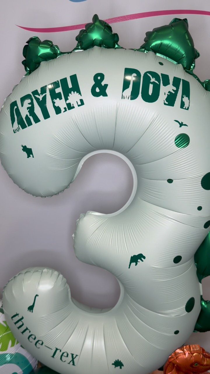 White number 3 balloon with green dinosaur silhouettes and names Aryeh and Dovi.