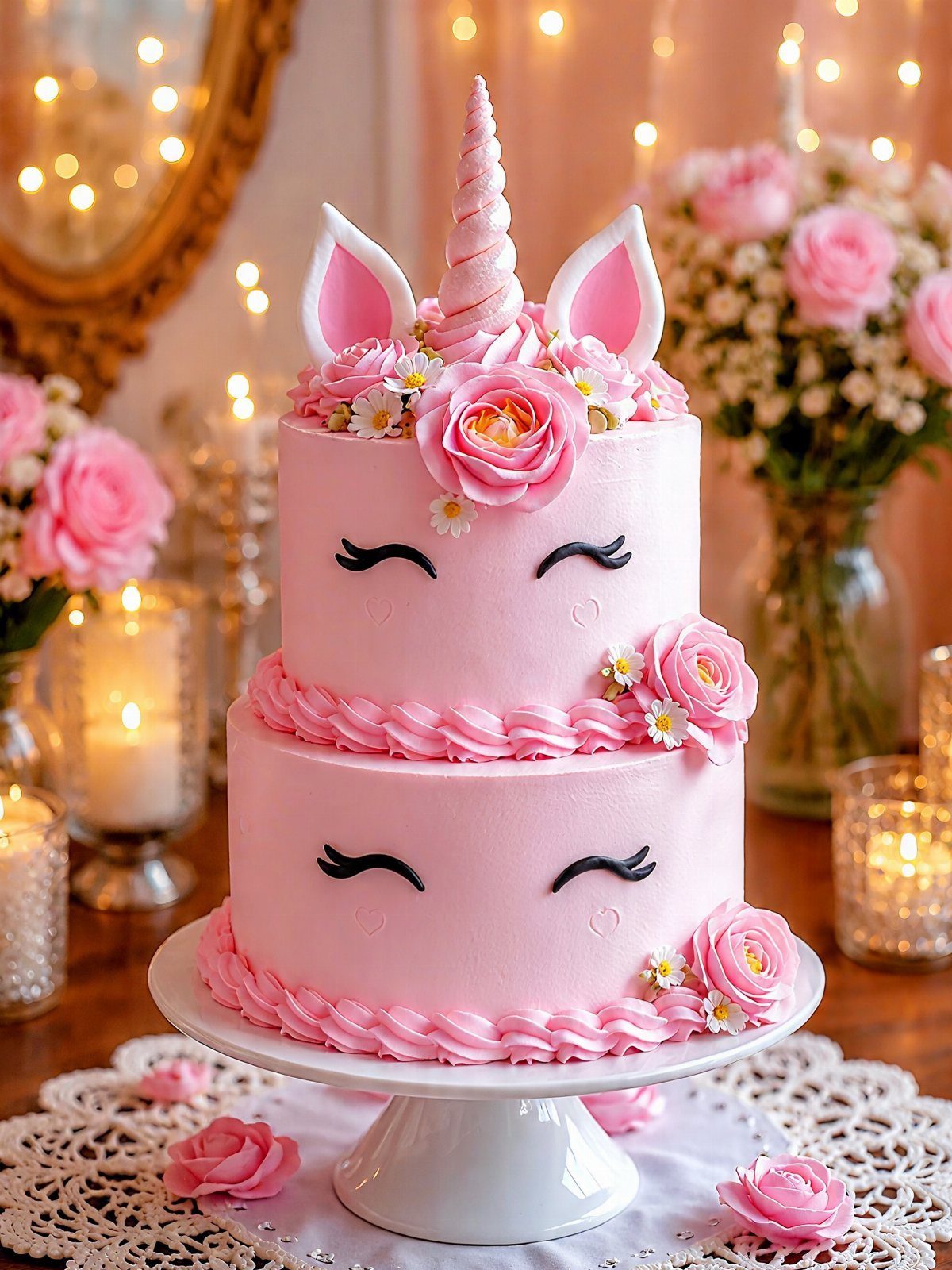 Two-tier pink unicorn cake decorated with pink roses and a pink horn.